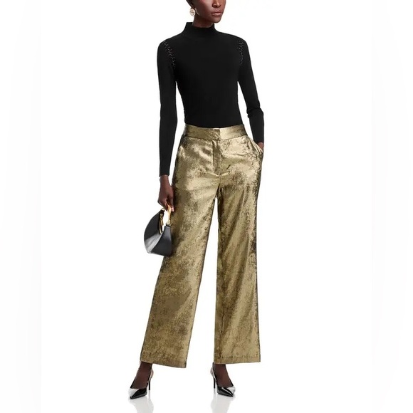 Elie TAHARI The Hannah Gilded Wide Leg Trousers Pants In Brushed Gold Size 10 - Picture 1 of 15